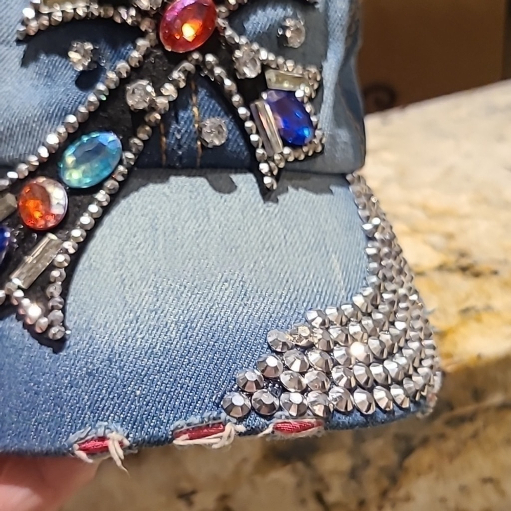 Denim and Rhinestone cap, beautiful cross decor and adjustable strap.(#365g) - Picture 10 of 11
